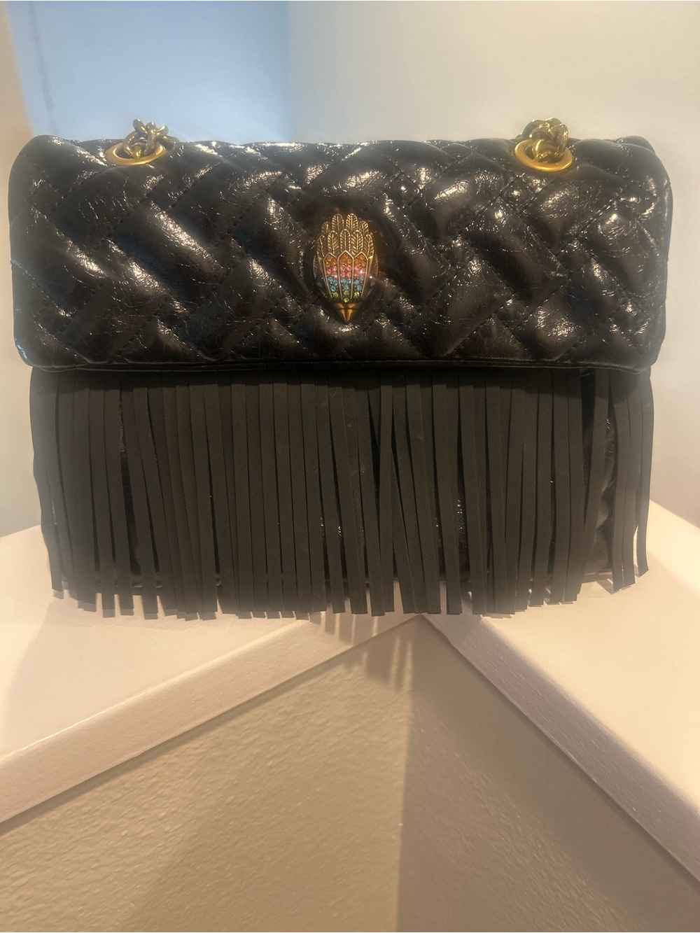 Quilted Black Fringe Shoulder Bag with Gold Hardware